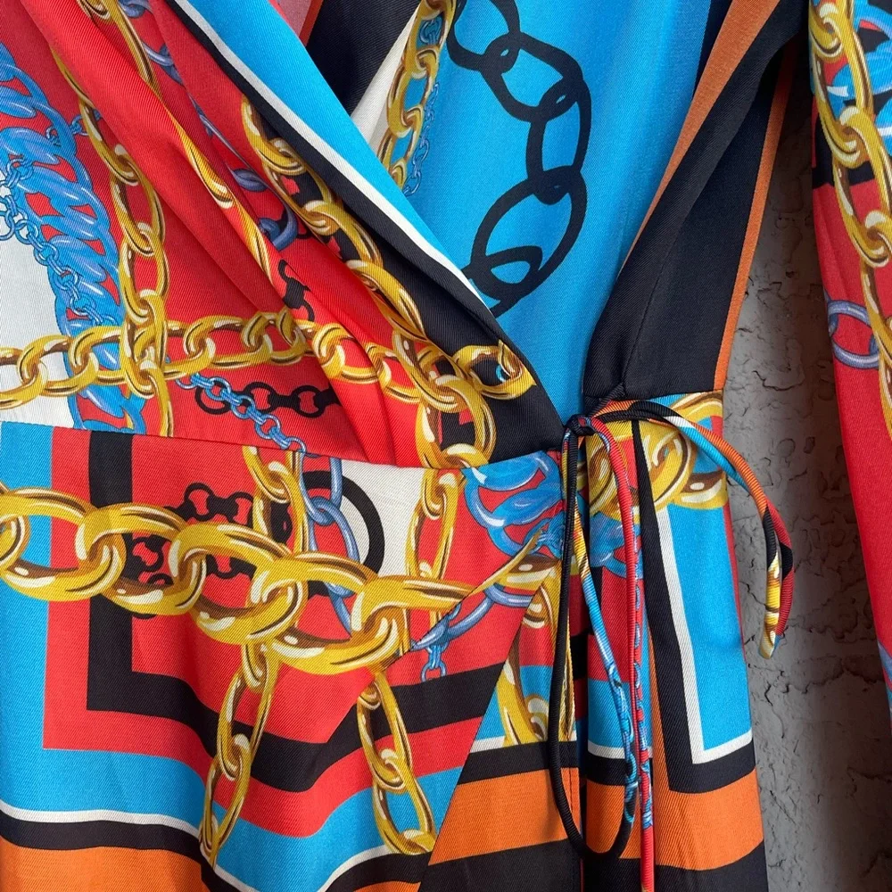 ZARA NWT BLOGGER FAVE Blue & Orange Chain Print Scarf Midi Shirt Dress Sz S - Picture 9 of 13